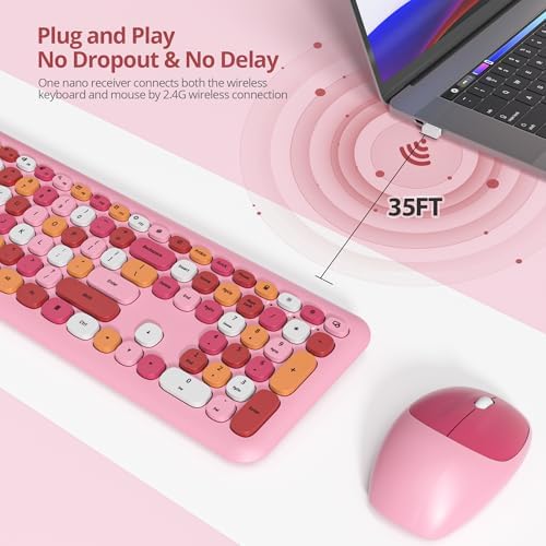 Surmen Cute Colorful Pink Keyboard and Mouse Wireless Silent, Full-Size Retro Typewriter Wireless Quiet Office Keyboard Low-Noise 2.4GHz for Computer, Desktop, Laptop(6-Colorful Pink)