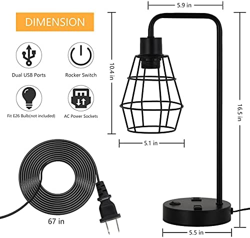 BTY USB Edison Table Lamp Set of 2, Bedside Nightstand Desk Lamps with Dual USB Charging Ports and 2 Prong AC Outlet Metal Wire Cage Industrial Reading Table Lamp for Bedroom Living Room Farmhouse