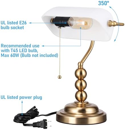 TORCHSTAR Ivory White Glass Bankers Desk Lamp with Pull Chain, E26 Base