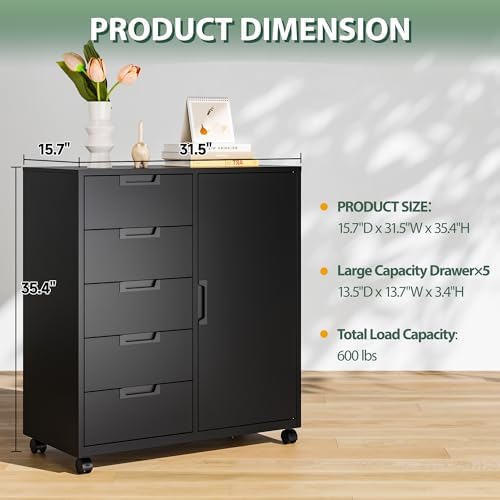 MIIIKO 5 Drawer Storage Cabinet with Door and Shelf, Mobile Lateral Cabinet on Wheels, Office Small Organizer Printer Stand, Black File Cabinets
