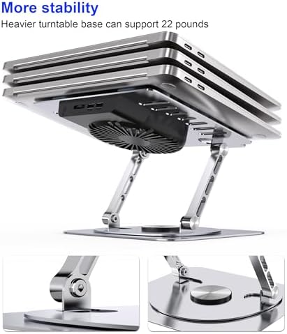 Laptop Stand,with 360°Rotating Base,External Cooling Fan,Adjustable RGB Lighting,Ergonomic Foldable Notebook Computer Holder.Compatible with All 10-17" Laptops Tablets,Silver