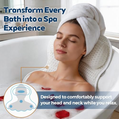 Bath Pillow for Tub,Bathtub Pillow for Head,Neck,Shoulder and Back Support,Soft Bath Tub Pillow for Bathtub,Hot Tub and Spa,White