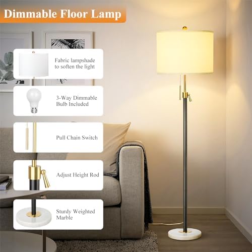 Qingmiao Floor Lamp for Living Room Adjustable Tall Standing Lamp, 3-Way Dimmable Floor Lamp for Bedroom Office, Black Gold Lamp with Marble Base and White Linen Shade