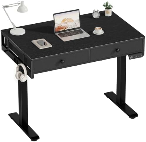 KLUVIS Black Adjustable Desk with Storage, 39 Inch Small Black Desk with Drawers, Small Space Stand Up Computer Desks for Home Office Bedroom, Sit Stand Work Desks for Walking Pad