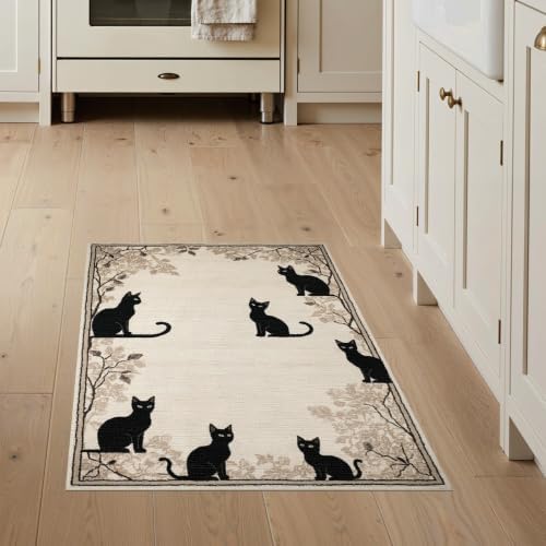 3'x5' Black Cat Taupe Design with Motifs Washable Throw Rug