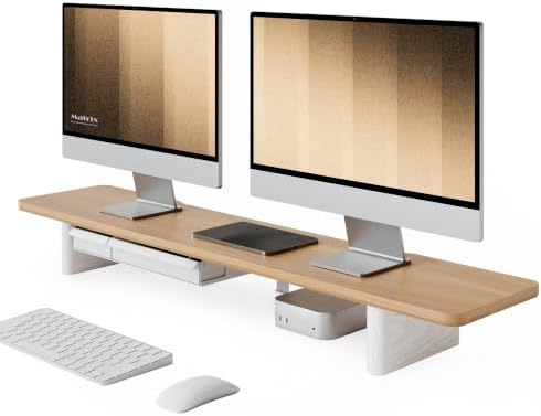Fenge 42.5" Dual Monitor Stand with Storage Drawer & Solid Wood Legs