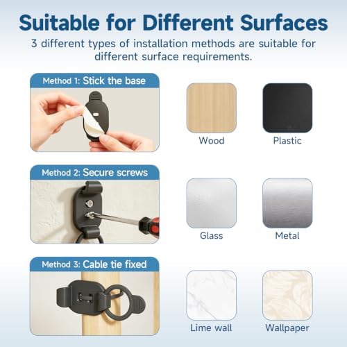 Adjustable Cable Management Clips, Self Adhesive Cord Organizer with Elastic Loop, Reusable Cable Holder for Desk, Under Desk, Wall, TV, Office, Home, Charging Cables, USB, HDMI, PC Wires (10, Black)