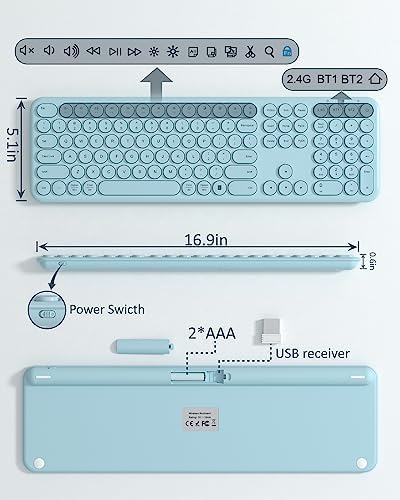 Quiet Wireless Keyboard, Round Keycaps, Low Profile Slim Design (Blue)