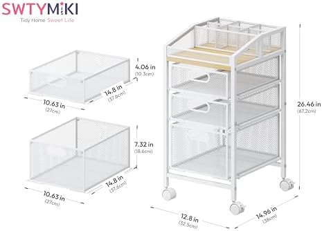 SWTYMIKI Rolling Utility Cart with Drawers - Under Desk Storage Cart with DIY Divider & Lockable Wheels, Multi-Functional Craft Art Supply Organizer for Office, Vanity, Craft Room & Studio White