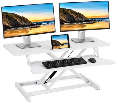 37 Inch Standing Desk Converter, Height Adjustable Desk Riser with Gas Spring Lift, Dual Monitor & Laptop Workstation, Sit Stand Desktop Converter with Wide Keyboard Tray for Home Office