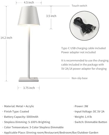 KDG 2 Pack Cordless White Table Lamps, Rechargeable Portable LED Desk Lamps