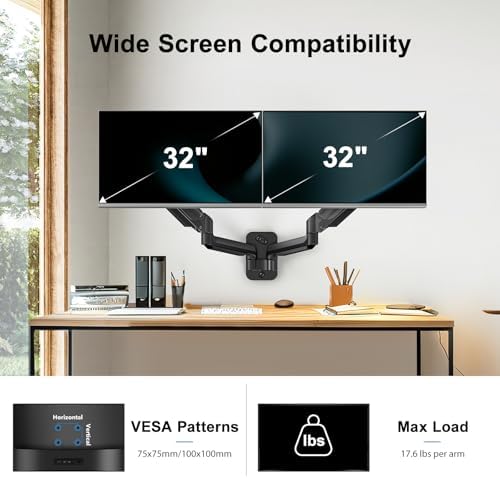 HUANUO Gaming Dual Monitor Wall Mount for 17-32 Inch Computer Screen Mount (4.4-17.6lbs Per Arm) - VESA 75x75/100x100 Height Adjustable Stand for Dual Monitors - Home Office Desk Setup