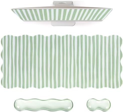 L-SPOUTTO Green Striped Mouse Pad Set,Scalloped Cute XXL Desk Mat Set