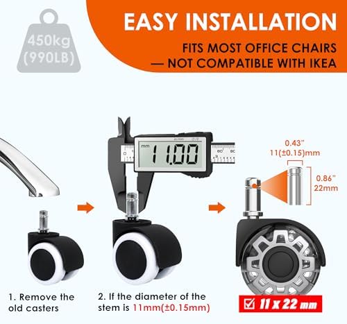 WEWILL Office Chair Wheels, Rubber Replacement Caster Heavy Duty Wheels for Computer Desk Chair to Replace Office Chair mats, Protect Hardwood Floors and Carpet, Set of 10 Silver