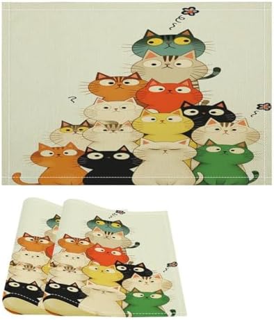 Colorful Cats Stack Linen Placemats Set of 2PCS, Heat Resistant Non-Slip Washable Table Placemats for Dining Everyday Use Hotel Banquet Home Decor