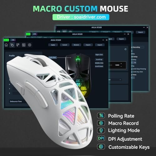 Aula SC620 Wireless Gaming Mouse, Tri-Mode 2.4GHz/USB-C/BT5.3 Computer Mouse with 12000 DPI, Programmable Macro Gamer Mouse with Rapid Fire Key, RGB Light White Gaming Mice for PC/Laptop/Mac