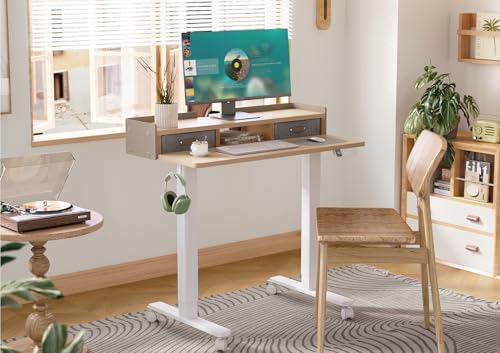 Claiks Standing Desk with Drawers & Wheels, 2 Height Shelf 40" Natural