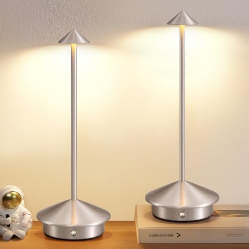 Modern Cordless Table Lamp Set of 2, Brushed Nickel LED Desk Lamps