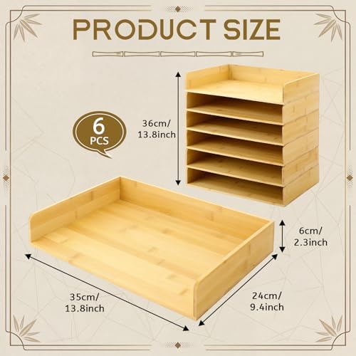 Novabright 6 Pcs Stackable Paper Organizer Tray Acacia Wood Desk Organizer Letter Tray Desktop Letter Size Office Wooden Desk Shelf Paper Holder Folder Organization Rack for File Document(Bamboo)