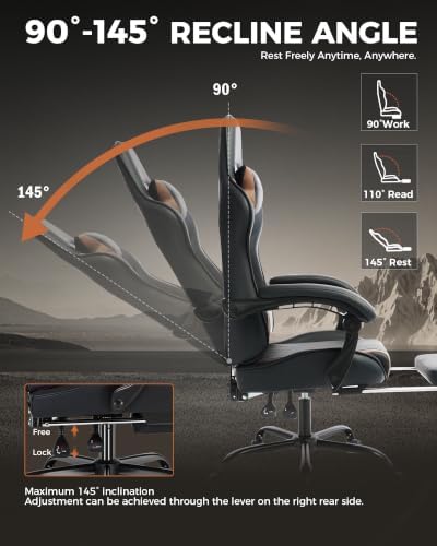 LUCKRACER Gaming Chair with Footrest, Pocket Spring Seat, 90°-135° Reclining Computer Chair with Linkage Armrests, Lumbar Support, Height Adjustment, SGS-Tested Gas Lift, 330 lbs Capacity, Brown
