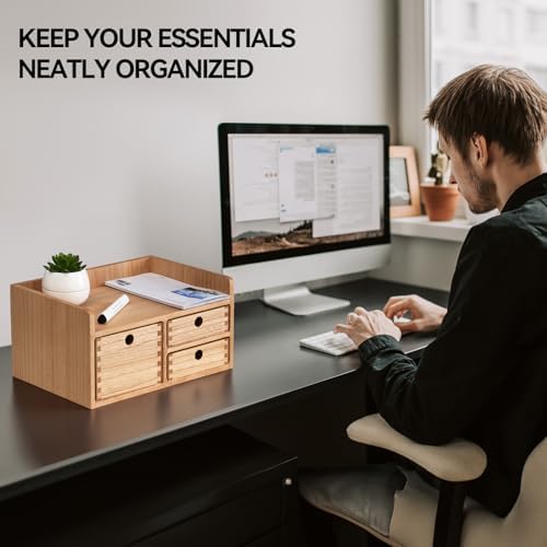 KIRIGEN Wooden Desk Organizer with 3 Drawers and Top Tray Natural DT1D3C-NA