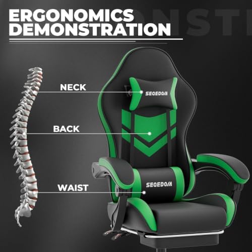 Gaming Chair with Footrest & Massage Lumbar Support, PU Leather Ergonomic High Back Swivel Height Adjustable Chair for Adults, Office Gaming, 300 lbs (Black Green)