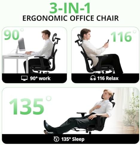 Synorla Ergonomic Office Chair with Footrest, Mesh Desk Chair with 135° Recline, Adjustable Lumbar Support, 3D Armrests and Headrest, Swivel Computer Chair for Home Office