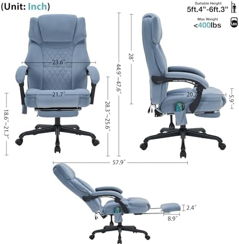 Massage Office Chair with Foot Rest 6 Points Vibration and Heat Home Office Desk Chairs for Heavy People 400lbs Reclining Managerial Chairs Ergonomic Executive Chair (Dustyblue)