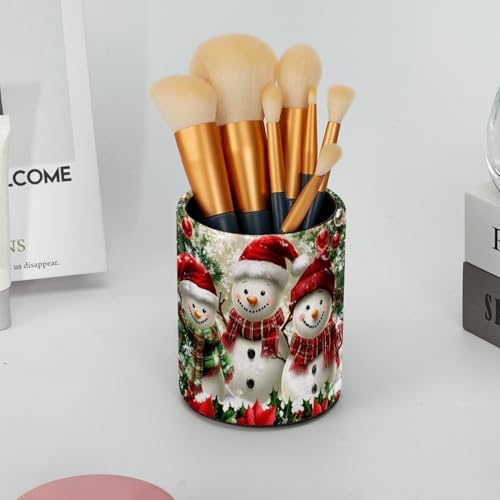 Pencil Holder for Desk, Christmas Snowman Tree Pen Cup Makeup Brush Holder, Leather Desktop Organizer Storage Case Stationery for School Home Office Supplies