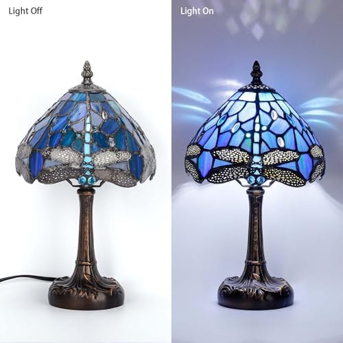 Stained Glass Bedside Small Table Lamp, Adjustable 3 Color Temperature, Blue Dragonfly Style Lampshade & Antique Leaf-Patterned Relief Base Desk Nightstand Light Decor for Bedroom Bookcase