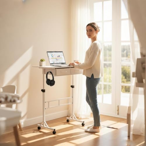 Small Standing Desk with 2 Drawers, Rolling Computer Desk for Walking Pad