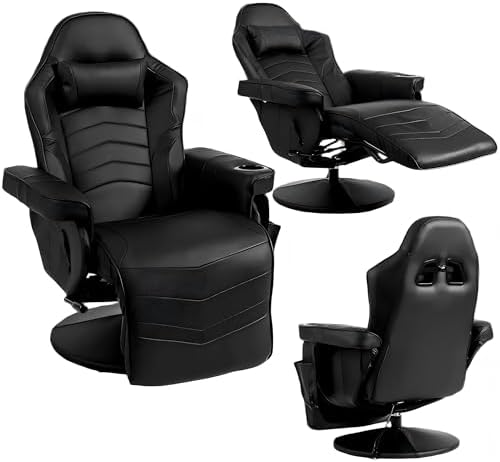 GYMAX Gaming Chair with Footrest, Massage Video Game Chairs for Adults with Remote, Adjustable Backrest, Headrest, Cup Holder & Side Pocket, Ergonomic High Back Office Computer Chair (Black)