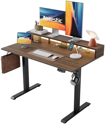 Agilestic 48 * 24 Inch Electric Standing Desk with Shelf & Led, Dark Walnut