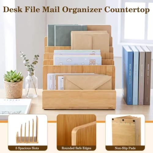 Bamboo Mail Organizer, File Holder for Office, Countertop