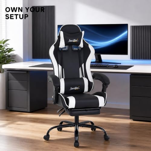 Gaming Chair Office Chair Desk Chair with Footrest Lumbar Support Headrest Armrest Task Rolling Swivel Ergonomic E-Sports Adjustable PC Gamer Chair (White)