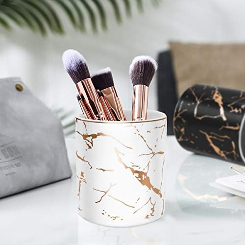 Pen Pencil Holder for Desk, Pencil Cup, Pen Pencil Stand Holder for Desk, Office Desk Organizer for Men Women Kids Ceramic Marble Makeup Brush Holder, White (Upgrade Style)