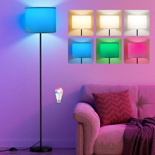 Ambimall Floor Lamp for Living Room with Smart Light Bulb, RGB + Stepless Dimmable Colors Temperature & Brightness(White Shade & Black Pole)