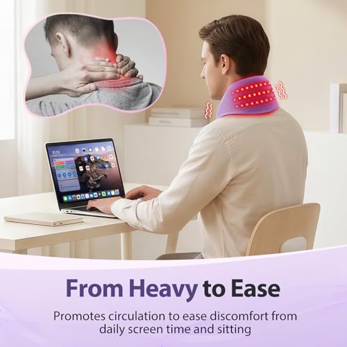 Cordless Neck Heating Pad for Pain, Neck Massager with 660nm 850nm Red Light, Heated Neck Wrap with 3000mAh Rechargeable, 3 Levels Heat & Massage, Purple