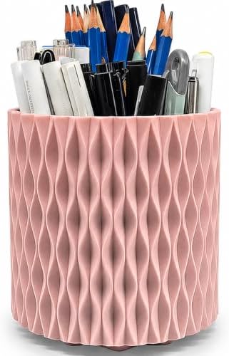 Lebenrich Rotating Pencil Holder for Desk, 5 Slots Unique Pink Organizer Easthetic Desktop Supplies and Accessories for Women Girls, Pen Cup Caddy for Office Home Art Supply