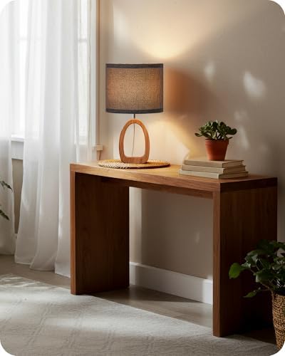 Gray Table Lamp, Small Wood Bedside Lamp with Gray Linen Lampshade & Dark Pearwood Base, Modern Nightstand Lamp for Bedroom, Kid's Room, Cute Desk Lamp with Cable, E26 Socket, LH07TL05