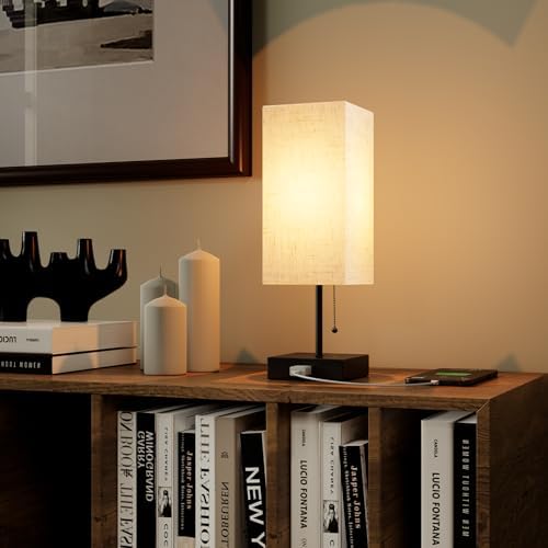 YIDPU Table Lamp for Bedroom,Nightstand Lamp for Bedside with AC Outlets,Adjustable 3color LED Light Desk Lamp for Home Decor,Included Bulb and Lamp Shade (Linen White-onlyAC, 1PCS)