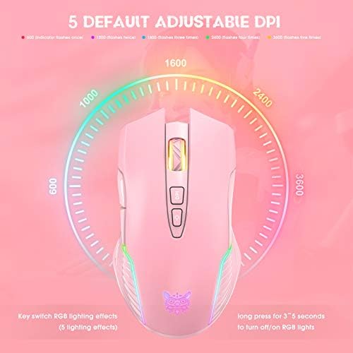 RGB Wireless Gaming Mouse, Pink, Rechargeable, Ergonomic Design, Adjustable DPI, Compatible with Windows, Mac