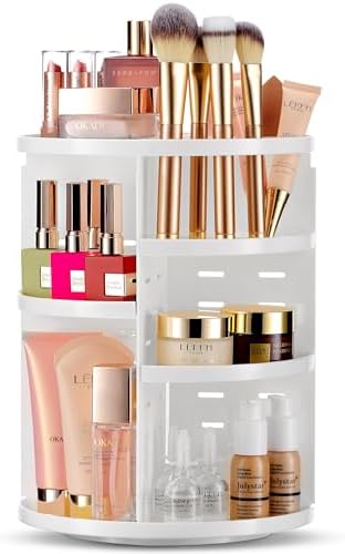 Masirs 360 Rotating Makeup Organizer Countertop, Adjustable Shelf, White