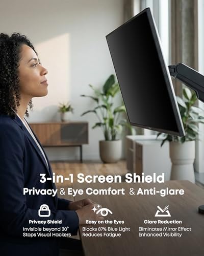 [23 inch] Computer Privacy Screen Filter (2 Pack) – Pre-Installed Nano-Suction Bezel (No Messy Tapes) – Anti-Blue Light & Anti-Glare Film – Seamless "Native" Fit for Ultra-Wide & Curved Monitors – Secure 4-Sided Grip for Tilted Screens – Washable & Reu...