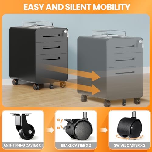 3 Drawer File Cabinet, Fully Assembled Mobile File Cabinets with Lock for Home Office, Metal Rolling Filing Caninet on Wheels, Three Drawer Under Desk Cabnet for Letter/Legal / A4 - Black
