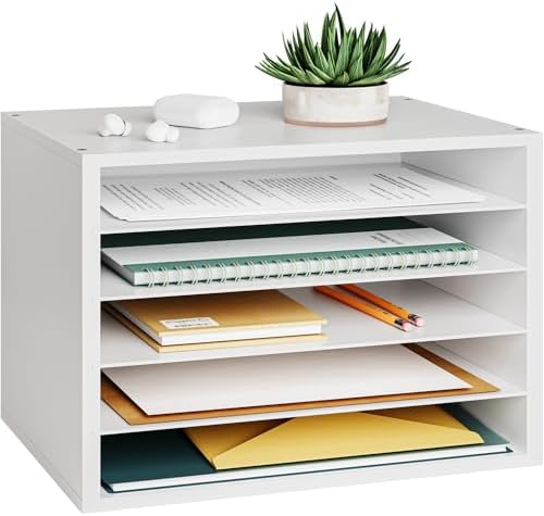 Ballucci 5 Tier Paper Organizer Letter Tray, Wood Desk File Organizer with Adjustable Shelves, Home Office School Letter/A4 Mail Sorter Magazine Holder - White