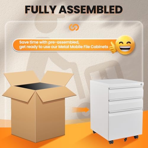 3 Drawer File Cabinet, Fully Assembled Mobile File Cabinets with Lock for Home Office, Metal Rolling Filing Caninet on Wheels, Three Drawer Under Desk Cabnet for Letter/Legal / A4 - White