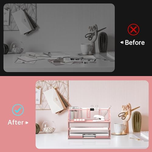 3-Tier Desk Organizer with Pen Holder and Handles, Paper Organizer, Pink