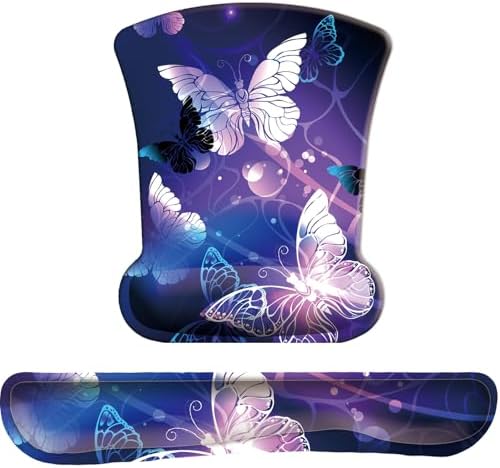 Keyboard Wrist Rest Pad Mouse Pad with Wrist Support Set of 3, Gaming Mousepad with Non-Slip Rubber Base, Ergonomic Memory Foam Mouse Cushion Support for Home Office Laptop Computer, Butterfly