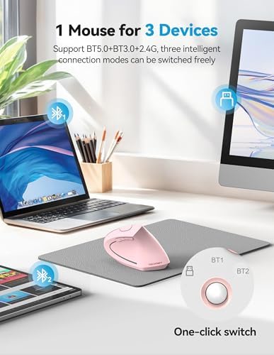 TECKNET Ergonomic Mouse Pink Rechargeable Vertical Wireless Mice Right Hand